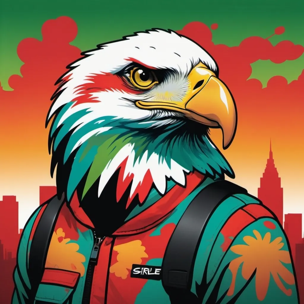 Prompt: Design siihouette inspired by urban street art, featuring graffiti elements, bold colors, and dynamic compositions. The design showcases a graffiti-styled portrait of a eagle, with abstract swirls of colors like red, orange, and green in the background. The environment is a rooftop overlooking the city at sunset, with the sky transitioning from green to blue casting a warm glow on the scene. The mood is introspective and rebellious, capturing the moment of creative expression. Photographic, taken with a 50mm lens at f/1.8, --ar 9:16 --v 5