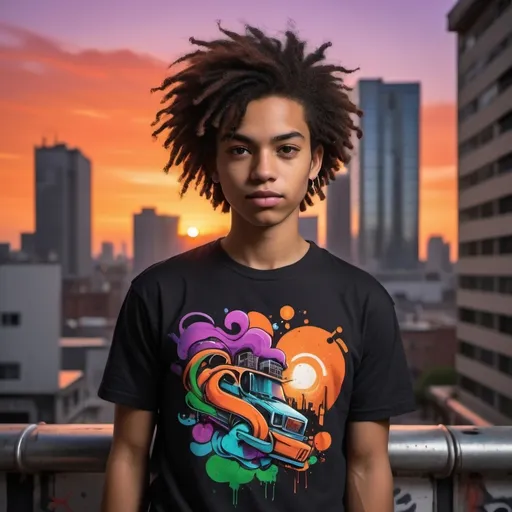 Prompt: Design a T-shirt inspired by urban street art, featuring graffiti elements, bold colors, and dynamic compositions. The design showcases a graffiti-styled portrait of a young artist holding a spray can, with abstract swirls of colors like red, orange, and green in the background. The environment is a rooftop overlooking the city at sunset, with the sky transitioning from orange to purple, casting a warm glow on the scene. The mood is introspective and rebellious, capturing the moment of creative expression. Photographic, taken with a 50mm lens at f/1.8, --ar 9:16 --v 5