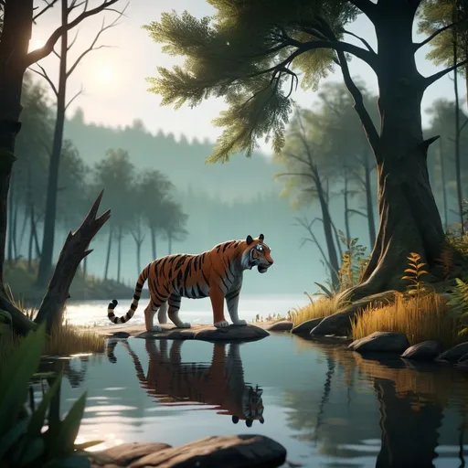 Prompt: a mysterious forest next to a lake, high quality, unreal engine: Illustrate silhouette with a focus on wildlife, depicting tiger in their natural habitats with a realistic or stylized approach