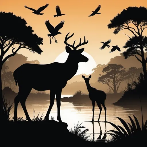 Prompt:  Illustrate a silhouette picture with a focus on wildlife,
depicting animals in their natural habitats with a realistic or stylized
approach