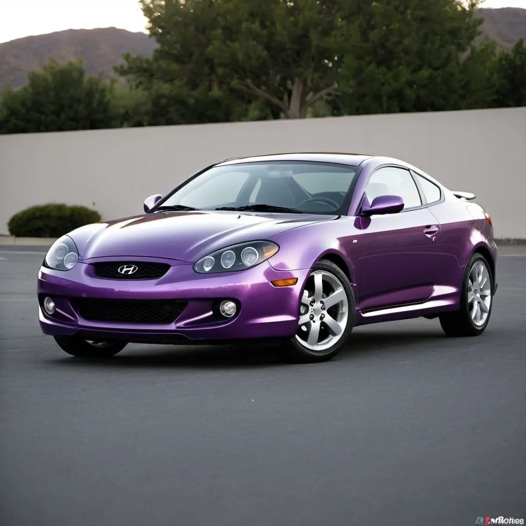 Prompt: Can you create a purple 2008 hyundai tiburon with dark grey striping? 