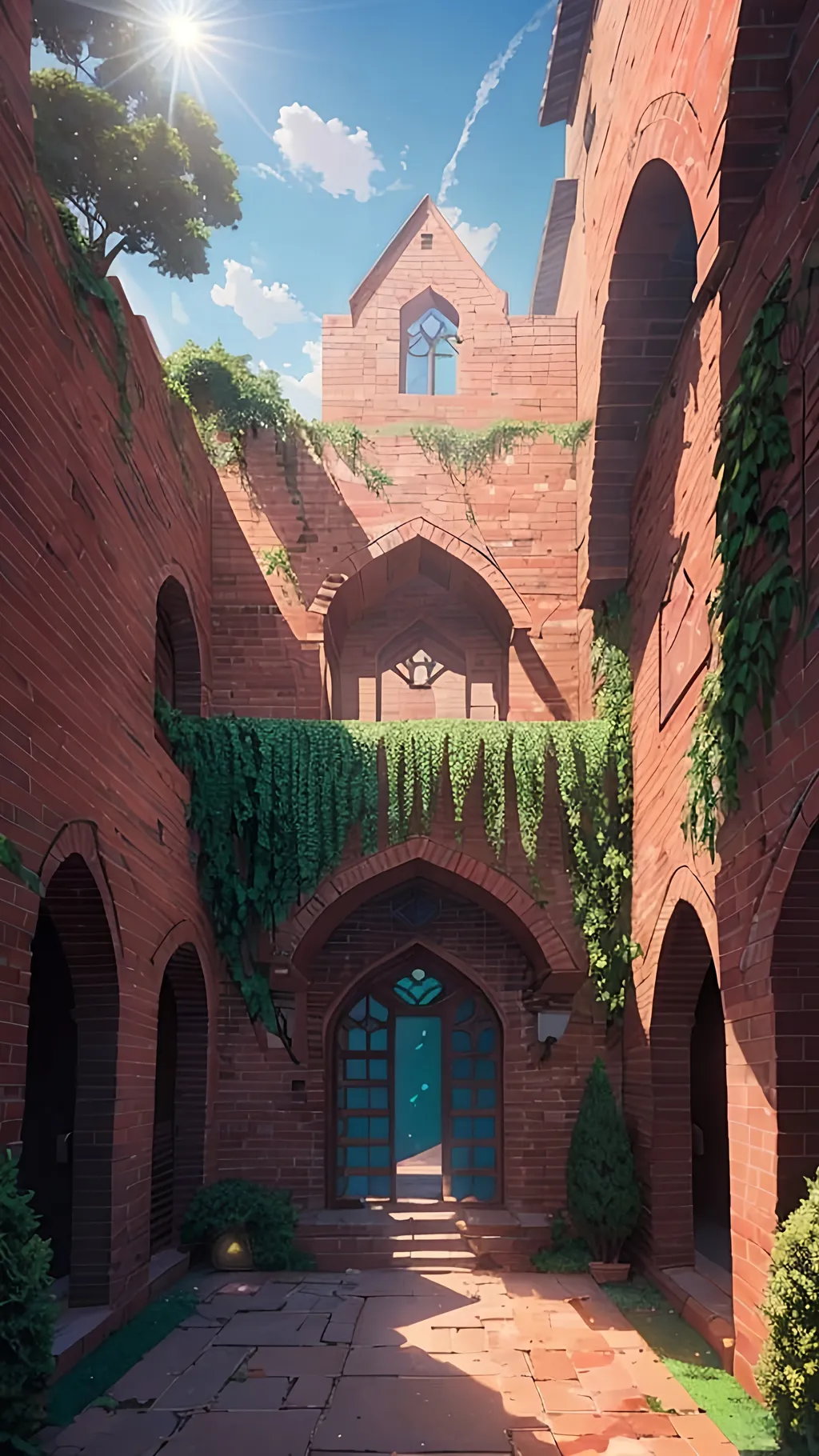 Prompt: a courtyard with a brick wall and a tree, a detailed matte painting by Manjit Bawa, shutterstock contest winner, neoplasticism, anamorphic lens flare, high dynamic range, photo taken with ektachrome