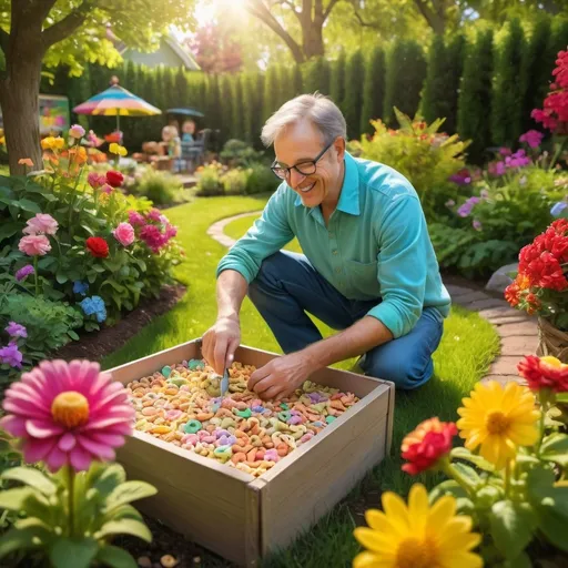 Prompt: Man planting a box of Lucky Charms cereal in a garden