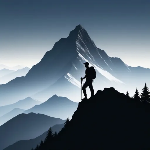 Prompt: please generate an image of mountain, with a silhouette of a man, hiking above
