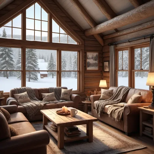 Prompt: Snowy vacation cabin living room, large windows showing trees outside, table with hot chocolate and books, blanket on the couch, cozy