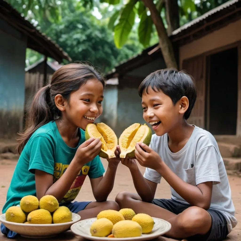 Prompt: A 10-year-old girl and an 8-year-old boy are sitting face to face, both happily eating jackfruit together. The scene is filled with joy and simplicity, capturing the essence of their shared moment.