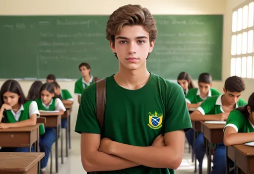 Prompt: Photorealistic portrayal of the most handsome Brazilian high school student
Description: A highly detailed depiction of the most handsome Brazilian high school student, wearing a  green t-shirt uniform exuding youthful charm and confidence. The scene captures him in a school environment, showcasing his academic journey and individuality.
Type of Image: Photo
Art Styles: Realism, Youthful Charm
Art Inspirations: Youth Portraits, School Life
Camera: Canon EOS 5D Mark IV
Shot: Casual pose in school premises
Render Related Information: High-resolution (4K) to capture intricate facial details and expressions. Natural lighting to enhance his charm and confidence.