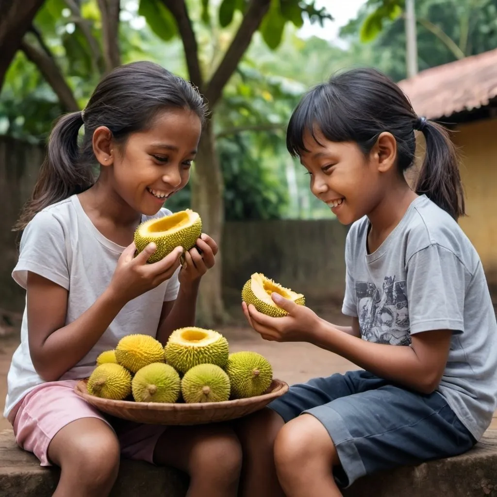 Prompt: A 10-year-old girl and an 8-year-old boy are sitting face to face, both happily eating jackfruit together. The scene is filled with joy and simplicity, capturing the essence of their shared moment.