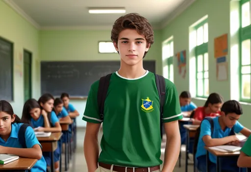 Prompt: Photorealistic portrayal of the most handsome Brazilian high school student
Description: A highly detailed depiction of the most handsome Brazilian high school student, wearing a  green t-shirt uniform exuding youthful charm and confidence. The scene captures him in a school environment, showcasing his academic journey and individuality.
Type of Image: Photo
Art Styles: Realism, Youthful Charm
Art Inspirations: Youth Portraits, School Life
Camera: Canon EOS 5D Mark IV
Shot: Casual pose in school premises
Render Related Information: High-resolution (4K) to capture intricate facial details and expressions. Natural lighting to enhance his charm and confidence.