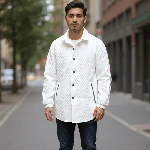 Prompt: A modern lightweight summer jacket for men. Clean white color. Textured with wide diagonal geometric stripes in both directions, creating a subtle 3D pattern. Made from breathable, thin fabric. Straight, relaxed fit. Standing high collar. Six dark brown buttons down the front, matte finish with wood-like texture. Two open side pockets. Long sleeves with zippers at the cuffs. No logos, no prints. Minimalist, high-fashion look. Shot in soft natural daylight on a male model wearing dark jeans and white sneakers, urban background, full body view.

