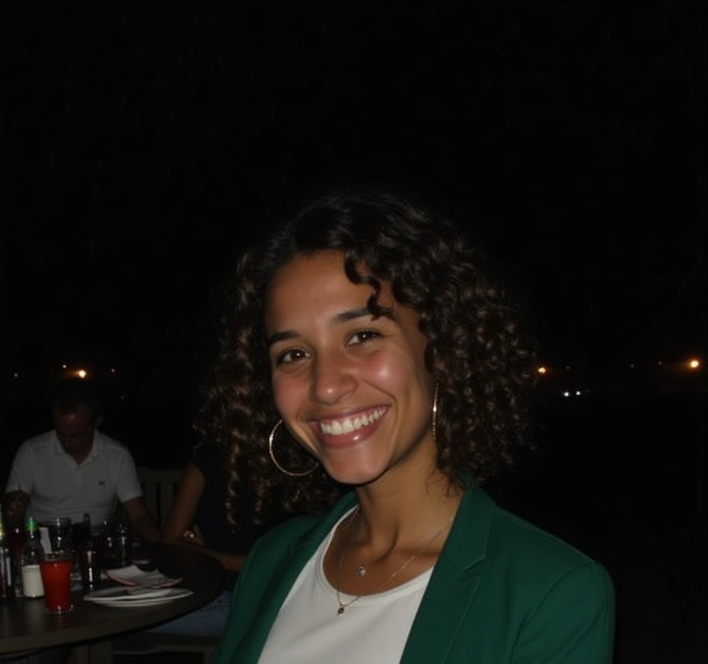 Prompt: In a dimly lit outdoor setting, a young woman joyfully smiles, showcasing her bright white teeth against the nighttime backdrop. Her curly hair frames her face, and she wears a stylish green blazer over a white top, adding a pop of color against the dark surroundings. In the background, soft artificial lighting illuminates a table adorned with various items, hinting at a social gathering. The relaxed atmosphere is further enhanced by the presence of another person seated nearby, partially obscured in shadow, contributing to the convivial mood of the scene. Overall, the image captures a moment of warmth and happiness amidst a lively evening.