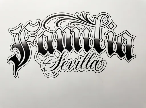 Prompt: Complete the lettering of the reference image, the text says Familia. Fill the letters with a gradient from the top to the centerline and black in the bottom.  while leaving a thick white otuline. Fix the shape of the A letters and the stem of the f and ductus of the I. respect the frankture font type. Add white padding around sevillla word. 
