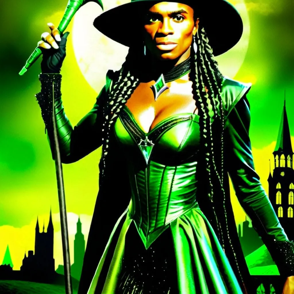 Prompt: Milli Vanilli Fab Morvan as Elphaba From Wicked with an emerald city background 