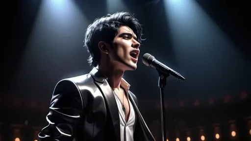 Prompt: Male singer character, (black hair), standing confidently facing the camera, large concert hall setting, (dramatic black background), vibrant stage lights enhancing mood, (high energy atmosphere), microphone in hand, expressive pose, spotlight illuminating the singer, ultra-detailed, 4K resolution, captivating ambiance, capture the excitement of a live performance.