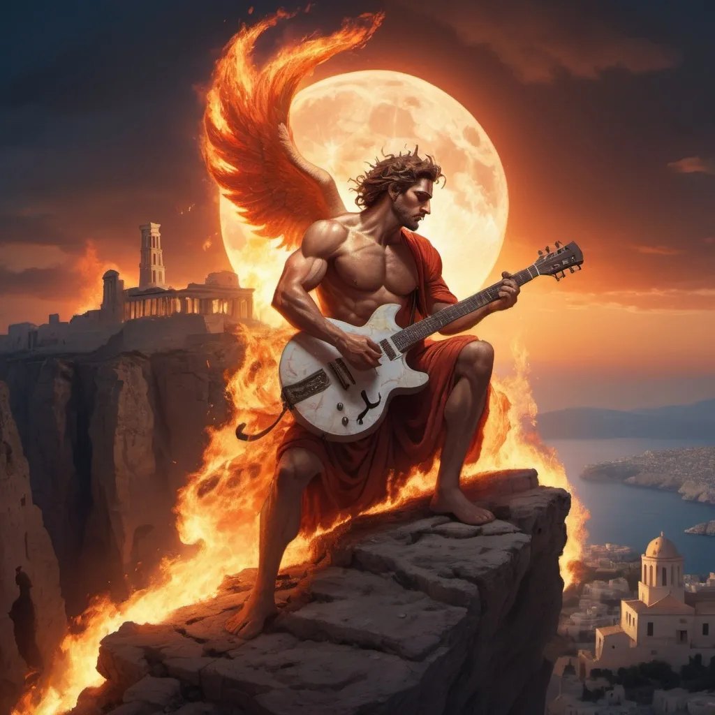 Prompt: a powerful handsome greek god plays a flaming guitar at the top of a cliff. behind is a crumbling burning ancient city. demons are invading from the east. the sun is setting. the moon is crying. 