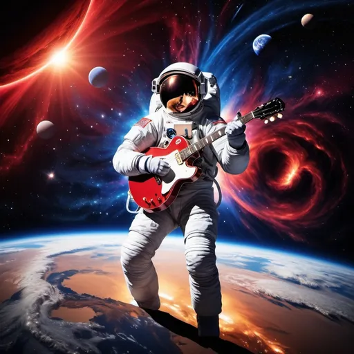 Prompt: cosmic musician, his feet touch the earth but his head is deep in interstellar space. a guitar blasts the solar wind. red white gold blue light. high contrast. otherworldly.