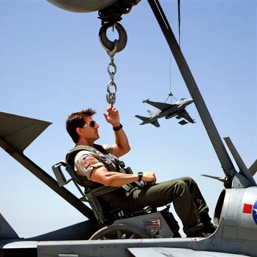 Prompt: tom cruise from top gun is sitting in a wheel chair, being lowered down into a fighter jet by a crane like r2d2 from star wars