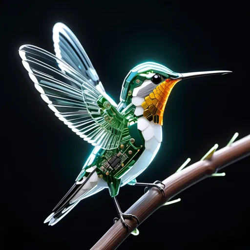 Prompt: Hyper-realistic cute adorable circuit-board detailed hummingbird, on a branch, crystal glass-like, surrealist, white glow, glowing wires, concept art, hyperdetailed, beautiful composition, visible details, sharp focus, masterpiece, fine art