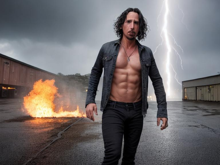 Prompt: realistic photograph of Chris Cornell, very detailed, sweaty, wearing low-cut jeans and an open shirt, long hair, black rain and molten steel raindrops falling, Highly detailed, realism, smooth, sharp focus, matte, elegant, octane render, 8k, 4k, HDR, intense, dramatic lighting, beautiful, post-processing, picture of the day, ambient lighting, epic composition