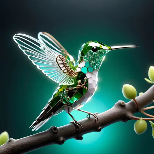 Prompt: Hyper-realistic cute adorable circuit-board detailed hummingbird, on a branch, crystal glass-like, surrealist, white glow, glowing wires, concept art, hyperdetailed, beautiful composition, visible details, sharp focus, masterpiece, fine art