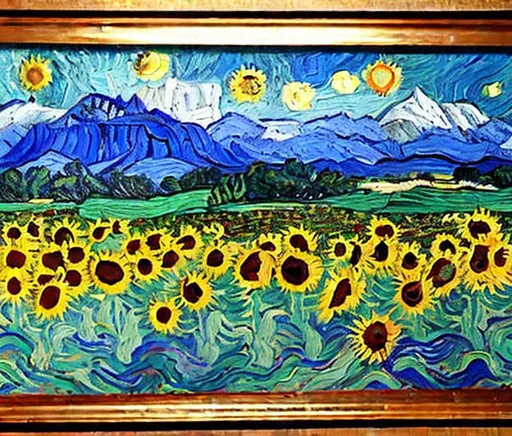 Prompt: A beautiful wide angle landscape painting in the style of Vincent van Gogh, with a field of sunflowers in the foreground and a mountain range in the background. The painting should be colorful and vibrant, with a focus on the beauty of nature. The sunflowers should be in full bloom, and the mountain range should be snow-capped. The sky should be a clear blue, and the sun should be shining brightly. The painting should be full of life and energy, and it should make the viewer feel happy and peaceful