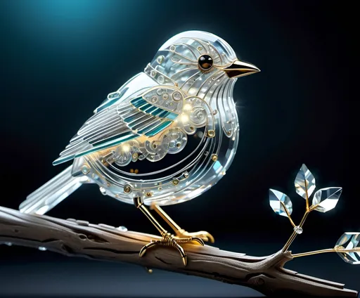 Prompt: Hyper realistic cute adorable fluffy circuit board bird, on a branch, crystal glass-like, surrealist, white glow, glowing wires, concept art, hyperdetailed, beautiful composition, visible details, sharp focus, masterpiece, fine art