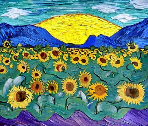 Prompt: A beautiful wide angle landscape painting in the style of Vincent van Gogh, with a field of sunflowers in the foreground and a mountain range in the background. The painting should be colorful and vibrant, with a focus on the beauty of nature. The sunflowers should be in full bloom, and the mountain range should be snow-capped. The sky should be a clear blue, and the sun should be shining brightly. The painting should be full of life and energy, and it should make the viewer feel happy and peaceful