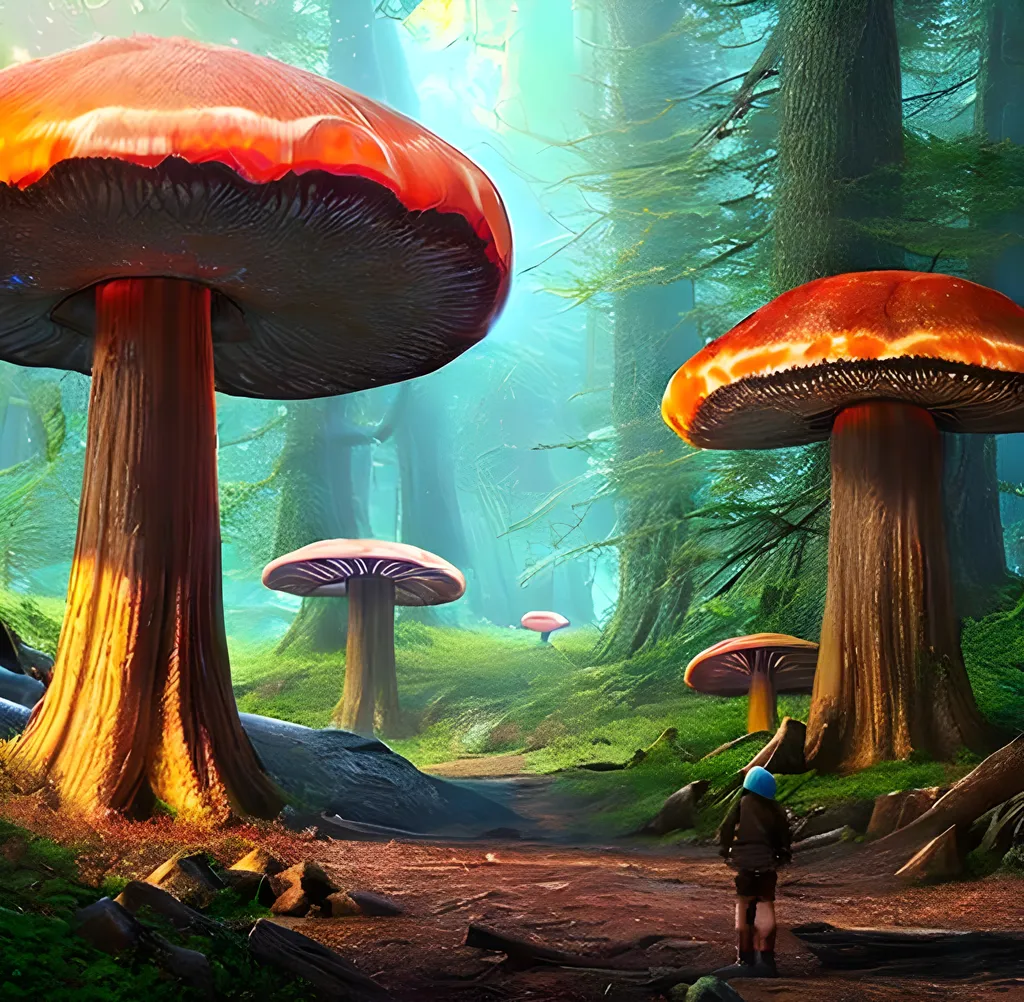 Prompt: Forest of giant glowing mushrooms. Glowing, bright, hyperdetailed matte painting, fantastical, intricate detail, splash screen, complementary colors, fantasy concept art, 16k resolution trending on Artstation Unreal Engine 5 hyperrealism beautiful elegant expansive entangled magnificent landscape fantasycore volumetric lighting, Professional photography, natural lighting, canon lens, 64 megapixels