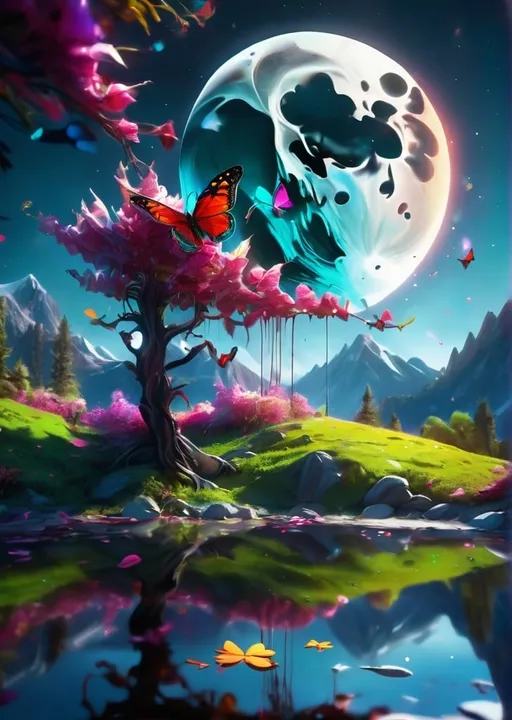 Prompt: photograph, paint drip moon, mountain reflection, colorful flora, distorted unbalanced reality, 8k resolution, deep color, shadow depth, dramatic lighting, high quality VFX CGI final render, trending on art station, falling star butterflies