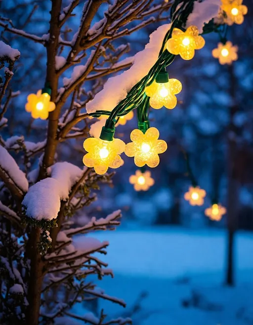 Prompt: A stunning close-up of a festive light display, where each light is meticulously designed to resemble delicate flowers or tiny bells. The warm, golden glow of the lights contrasts beautifully with the cool, twilight-blue background. The lights are strung along a green cable that winds like a vine through the branches of a leafless shrub or tree, covered in a blanket of freshly fallen snow. The soft focus of the background and the serene atmosphere suggest a magical winter garden or outdoor setting. Vibrant colors. Photo realistic.