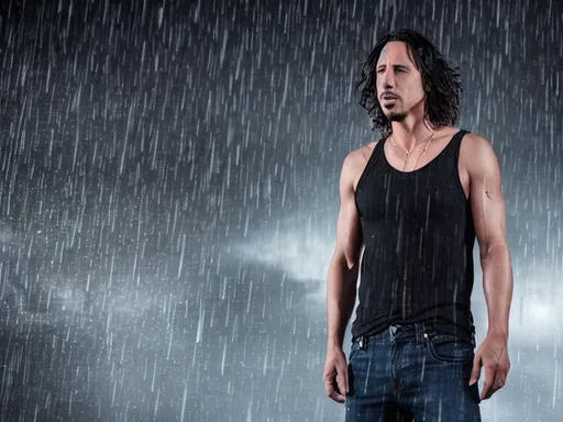 Prompt: realistic photograph of Chris Cornell, very detailed, sweaty, wearing low-cut jeans and an open shirt, long hair, black rain and molten steel raindrops falling, Highly detailed, realism, smooth, sharp focus, matte, elegant, octane render, 8k, 4k, HDR, intense, dramatic lighting, beautiful, post-processing, picture of the day, ambient lighting, epic composition