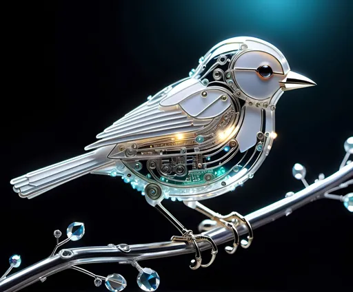 Prompt: Hyper realistic cute adorable fluffy circuit board bird, on a branch, crystal glass-like, surrealist, white glow, glowing wires, concept art, hyperdetailed, beautiful composition, visible details, sharp focus, masterpiece, fine art