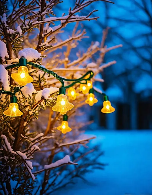 Prompt: A stunning close-up of a festive light display, where each light is meticulously designed to resemble delicate flowers or tiny bells. The warm, golden glow of the lights contrasts beautifully with the cool, twilight-blue background. The lights are strung along a green cable that winds like a vine through the branches of a leafless shrub or tree, covered in a blanket of freshly fallen snow. The soft focus of the background and the serene atmosphere suggest a magical winter garden or outdoor setting. Vibrant colors. Photo realistic.