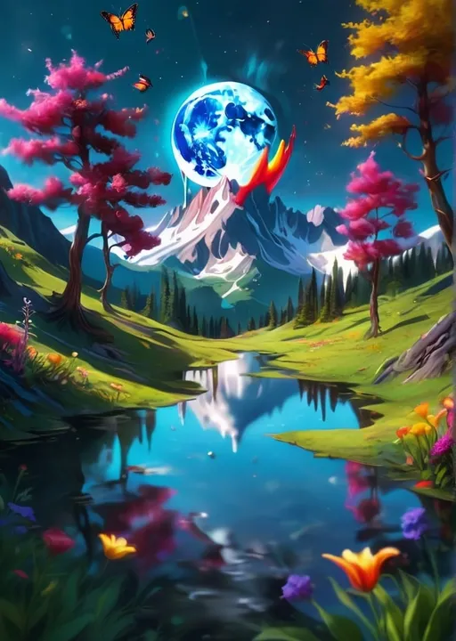 Prompt: photograph, paint drip moon, mountain reflection, colorful flora, distorted unbalanced reality, 8k resolution, deep color, shadow depth, dramatic lighting, high quality VFX CGI final render, trending on art station, falling star butterflies