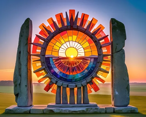 Prompt: A detailed and vibrant transparent glass sculpture masterpiece of The rising Sun on June 21st, 2024 at Stonehenge for the solstice Sun celebration with all of the exquisite sunrise details, intricate details, surreal, colorful background, vibrant colors, 64k, once in a lifetime visual