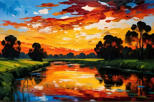 Prompt: "Artistic Abstract Sunset, river reflections, visible dynamic brush marks, oil painting, texture and grunge"
"Impasto has a kind of thick layered paint look with obvious brushstrokes for those unfamiliar. Some artists you might look up for examples, and add to your prompt, are:
Baroque artists: Rembrandt van Rijn, Diego Velázquez, Frans Hals, and Peter Paul Rubens
Venetian Renaissance artists: Titian and Tintoretto"
"Modern and contemporary artists: Vincent van Gogh, Jackson Pollock, and Willem de Kooning
Other artists: Frank Auerbach, Jean Dubuffet, John Constable, Gerhard Richter, Jules Olitski, and Joshua Miels"