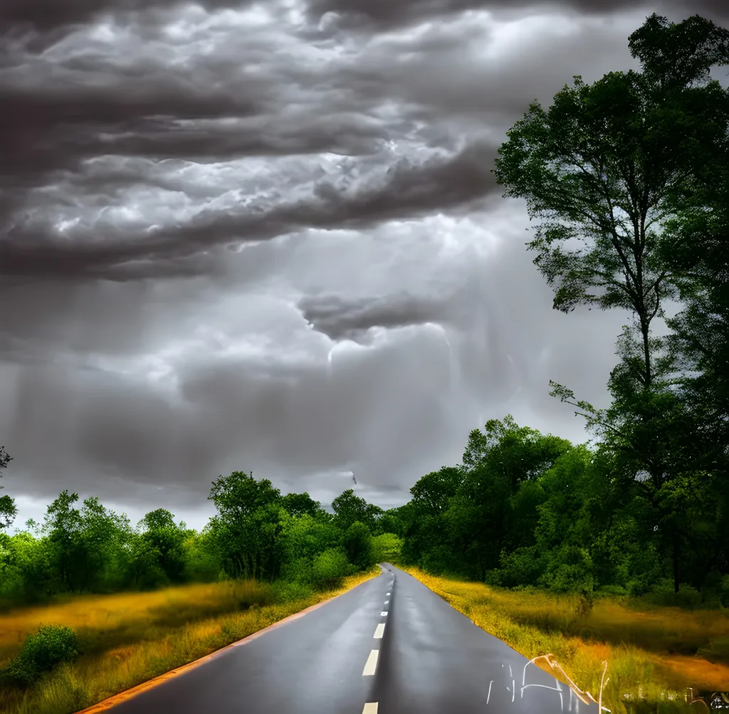 Prompt: long shot scenic professional photograph of a dreary landscape with a road leading to a bend in the road ahead, rain falling steadily with raindrops of liquid black water and liquid molten steel, trees heavy from the rain, clouds in the distant glowing with lightning, perfect viewpoint, highly detailed, wide-angle lens, hyper realistic, with dramatic sky, polarizing filter, natural lighting, vivid colors, everything in sharp focus, HDR, UHD, 64K