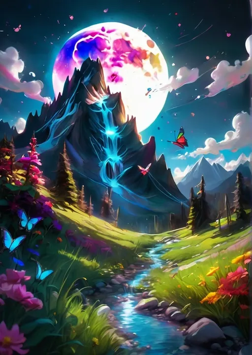 Prompt: photograph, paint drip moon, mountain reflection, colorful flora, distorted unbalanced reality, 8k resolution, deep color, shadow depth, dramatic lighting, high quality VFX CGI final render, trending on art station, falling star butterflies