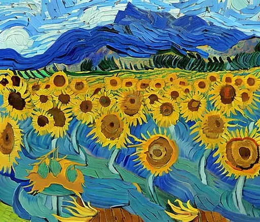 Prompt: A beautiful wide angle landscape painting in the style of Vincent van Gogh, with a field of sunflowers in the foreground and a mountain range in the background. The painting should be colorful and vibrant, with a focus on the beauty of nature. The sunflowers should be in full bloom, and the mountain range should be snow-capped. The sky should be a clear blue, and the sun should be shining brightly. The painting should be full of life and energy, and it should make the viewer feel happy and peaceful