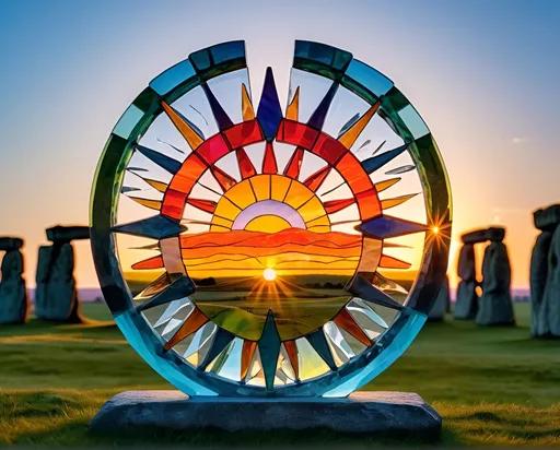 Prompt: A detailed and vibrant transparent glass sculpture masterpiece of The rising Sun on June 21st, 2024 at Stonehenge for the solstice Sun celebration with all of the exquisite sunrise details, intricate details, surreal, colorful background, vibrant colors, 64k, once in a lifetime visual