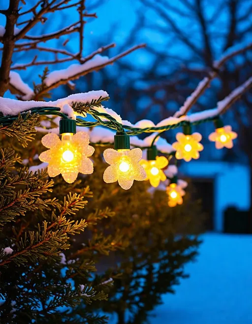 Prompt: A stunning close-up of a festive light display, where each light is meticulously designed to resemble delicate flowers or tiny bells. The warm, golden glow of the lights contrasts beautifully with the cool, twilight-blue background. The lights are strung along a green cable that winds like a vine through the branches of a leafless shrub or tree, covered in a blanket of freshly fallen snow. The soft focus of the background and the serene atmosphere suggest a magical winter garden or outdoor setting. Vibrant colors. Photo realistic.