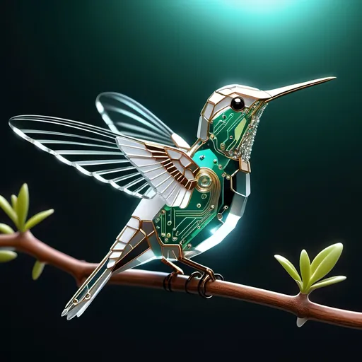 Prompt: Hyper-realistic cute adorable circuit-board detailed hummingbird, on a branch, crystal glass-like, surrealist, white glow, glowing wires, concept art, hyperdetailed, beautiful composition, visible details, sharp focus, masterpiece, fine art