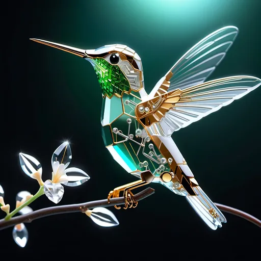 Prompt: Hyper-realistic cute adorable circuit-board detailed hummingbird, on a branch, crystal glass-like, surrealist, white glow, glowing wires, concept art, hyperdetailed, beautiful composition, visible details, sharp focus, masterpiece, fine art