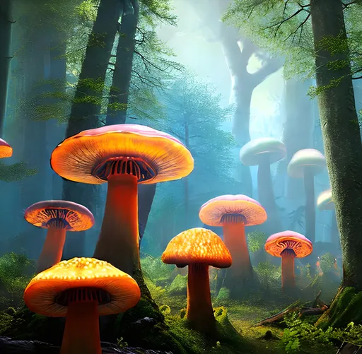 Prompt: Forest of giant glowing mushrooms. Glowing, bright, hyperdetailed matte painting, fantastical, intricate detail, splash screen, complementary colors, fantasy concept art, 16k resolution trending on Artstation Unreal Engine 5 hyperrealism beautiful elegant expansive entangled magnificent landscape fantasycore volumetric lighting, Professional photography, natural lighting, canon lens, 64 megapixels