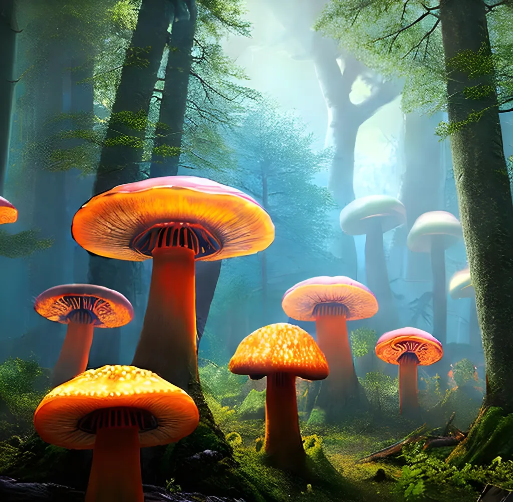 Prompt: Forest of giant glowing mushrooms. Glowing, bright, hyperdetailed matte painting, fantastical, intricate detail, splash screen, complementary colors, fantasy concept art, 16k resolution trending on Artstation Unreal Engine 5 hyperrealism beautiful elegant expansive entangled magnificent landscape fantasycore volumetric lighting, Professional photography, natural lighting, canon lens, 64 megapixels