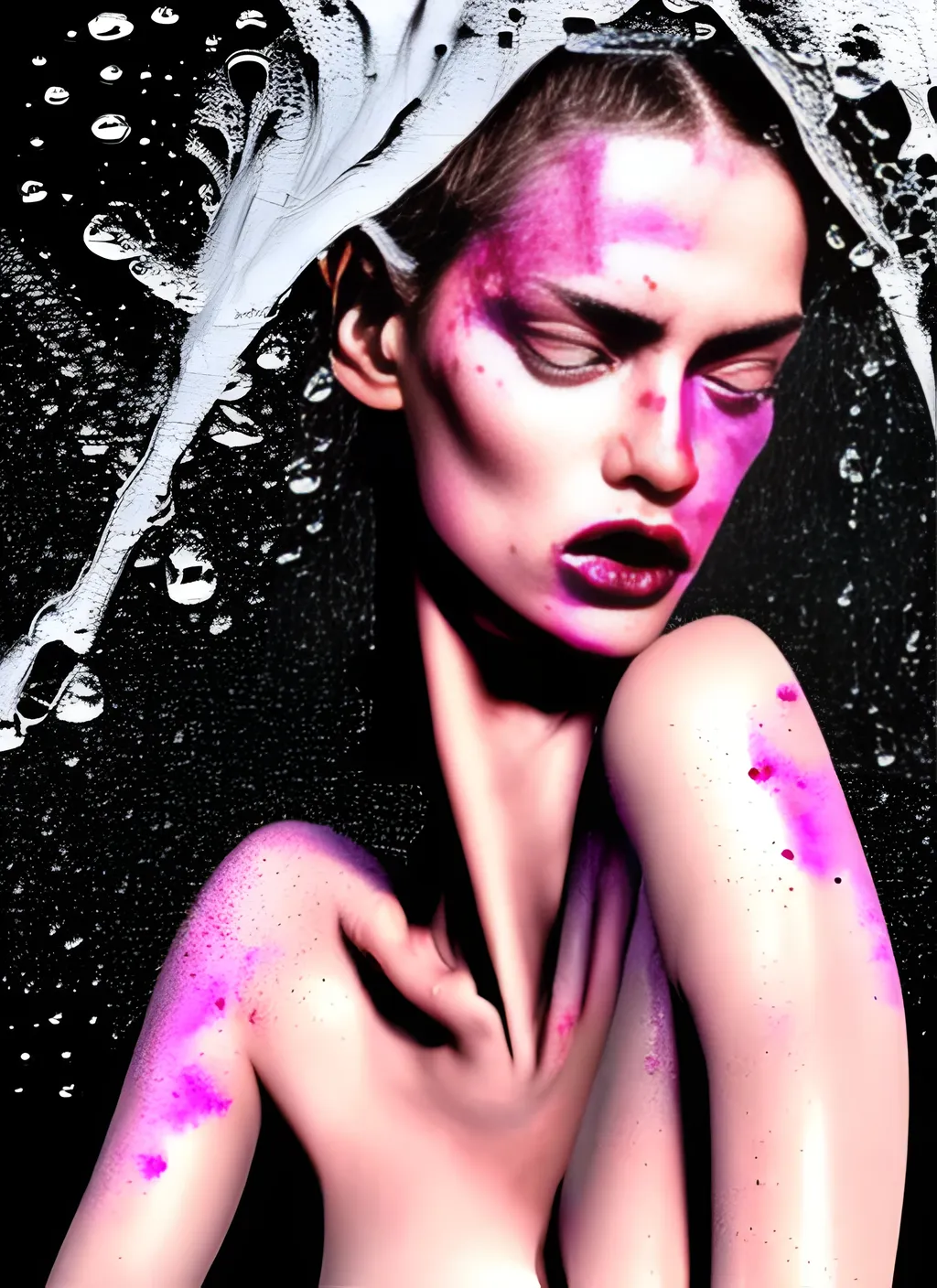 Prompt: fierce glossy wet fashion model, water splashing, sweat skin, liquid metal dna, effervescent, black roses, poster art, ultradetail, hyperrealistic illustration, watercolor, deep mood, hyperrealism, 3 d, in the style of irakli nadar,