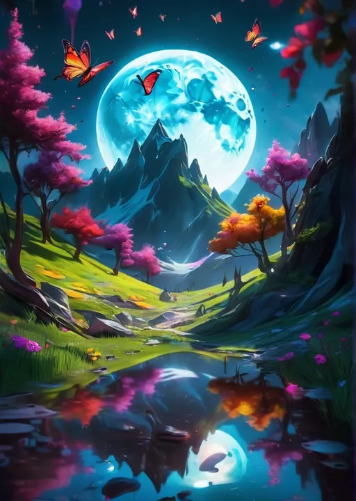 Prompt: photograph, paint drip moon, mountain reflection, colorful flora, distorted unbalanced reality, 8k resolution, deep color, shadow depth, dramatic lighting, high quality VFX CGI final render, trending on art station, falling star butterflies