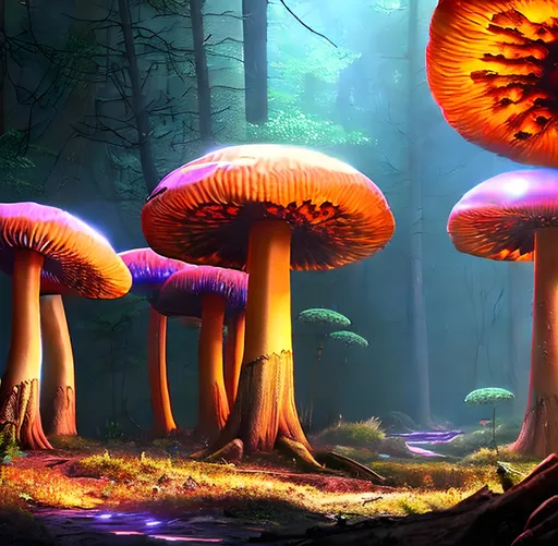 Prompt: Forest of giant glowing mushrooms. Glowing, bright, hyperdetailed matte painting, fantastical, intricate detail, splash screen, complementary colors, fantasy concept art, 16k resolution trending on Artstation Unreal Engine 5 hyperrealism beautiful elegant expansive entangled magnificent landscape fantasycore volumetric lighting, Professional photography, natural lighting, canon lens, 64 megapixels