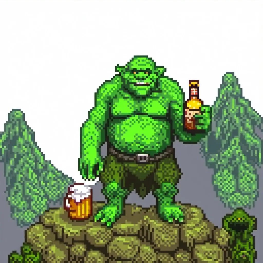 Prompt: a big and green mountain troll with a beer in his hand