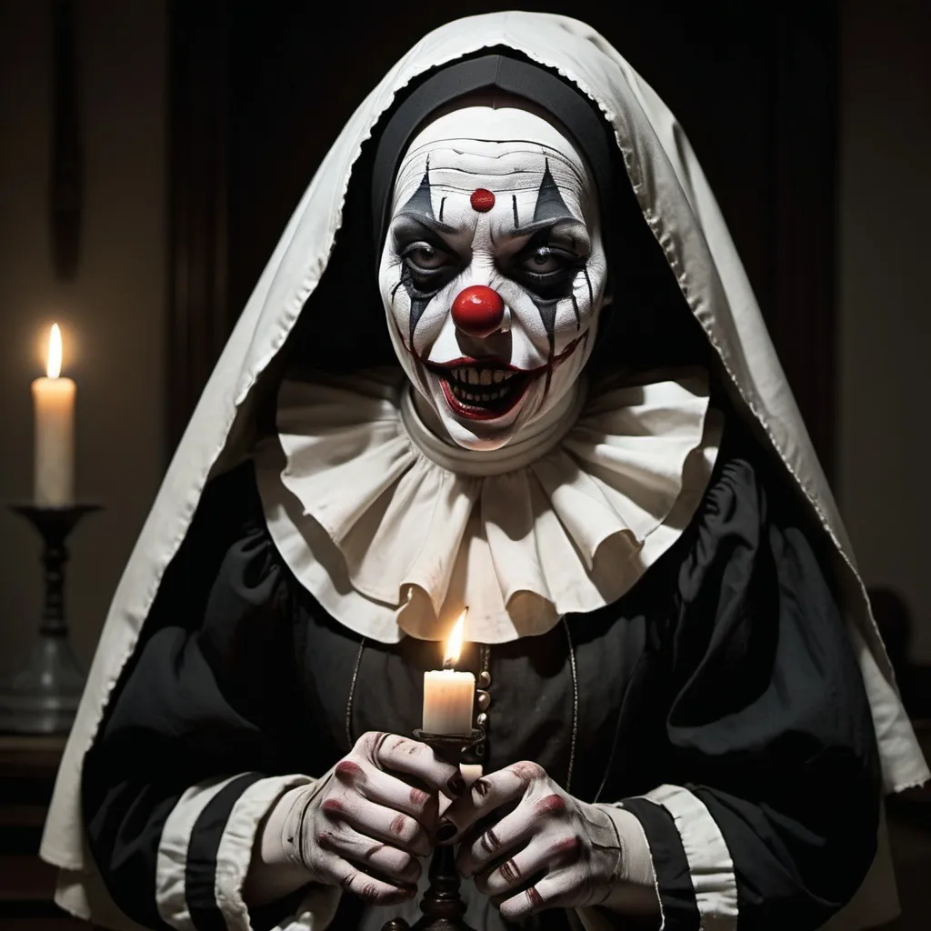 Prompt: clown nun creepy discipline

